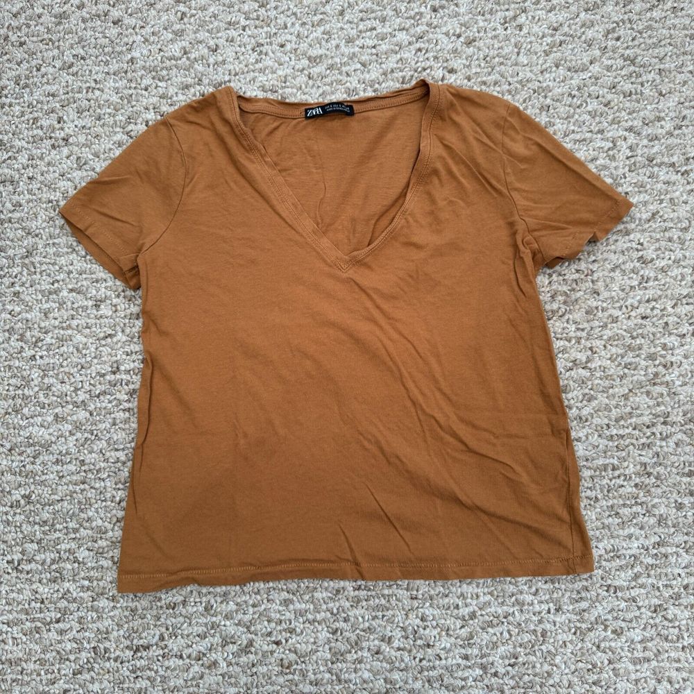 Zara V neck cropped‎ top shirt Brown S
